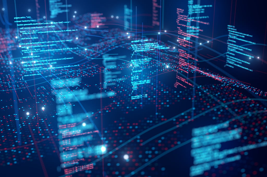 Visualização digital com linhas de código, conexões de dados e elementos de cibersegurança