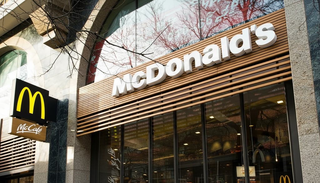 Fachada de restaurante do McDonald’s com logotipo e entrada principal