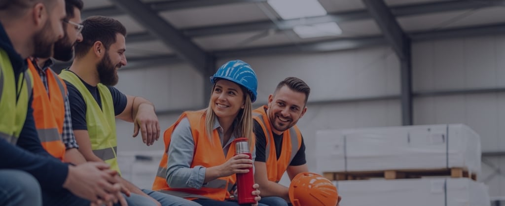 Warehouse team wearing high-visibility vests and safety helmets during a workplace break