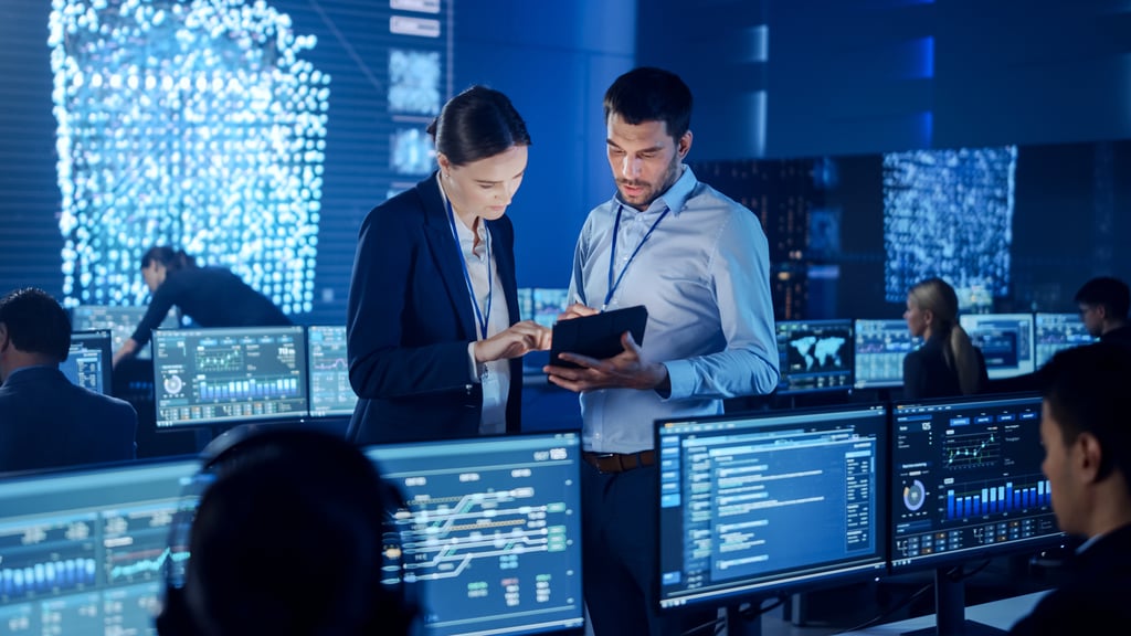 Cybersecurity analysts reviewing data on multiple monitors in a high-tech security operations centre