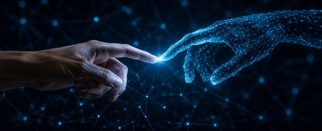 Human hand and cyber hand touching fingers