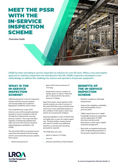 Cover page of LRQA&rsquo;s In-service Inspection Scheme Guide for pressure systems and PSSR compliance
